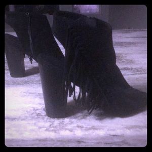 Peep toe fringe booties